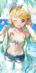  1girl :d aqua_eyes arm_up bikini blonde_hair blue_sky bow breasts clouds collarbone commentary curved_horizon daidou_(demitasse) day denim denim_shorts green_jacket hair_bow hair_ornament hairclip highres jacket kagamine_rin leaf light_rays nail_polish navel ocean one_eye_closed open_mouth outdoors short_hair shorts sky small_breasts smile solo standing striped striped_bikini sunbeam sunlight swimsuit thighs unbuttoned vocaloid wading water_drop wet 