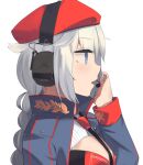  +_+ 1girl beret black_neckwear blue_eyes blue_jacket braid braided_ponytail breasts eyebrows_visible_through_hair flower-shaped_pupils from_side girls_frontline grey_hair hand_on_headset hat headphones headset highres hinami047 jacket long_hair looking_away looking_to_the_side medium_breasts necktie open_mouth ots-12_(girls&#039;_frontline) red_headwear sidelocks silver_hair solo star-shaped_pupils star_(symbol) symbol-shaped_pupils upper_body white_background 