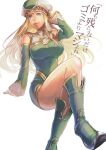  1girl bare_legs bare_shoulders blonde_hair blue_eyes boots detached_sleeves freya_(valkyrie_profile) green_leotard hat highres leotard long_hair shumizoku valkyrie_profile very_long_hair 