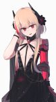  1girl bare_shoulders black_dress blonde_hair breasts dress dress_flower eyebrows_visible_through_hair flower girls_frontline hair_flower hair_ornament hand_in_hair highres hinami047 holding holding_clothes holding_dress long_hair looking_at_viewer m4_sopmod_ii_(girls&#039;_frontline) mechanical_arms multicolored_hair open_mouth red_eyes single_mechanical_arm small_breasts solo standing white_background 