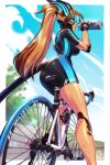  1girl android artist_name ass bicycle bodysuit bottle breasts brown_hair clouds day english_commentary fingerless_gloves gloves ground_vehicle helixel highres holding holding_bottle large_breasts long_hair mountain_bicycle open_mouth original outdoors ponytail riding_bicycle short_sleeves sky solo tail teeth water_bottle watermark 