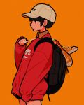  1girl backpack bag baseball_cap black_bag black_hair collared_shirt hand_up hat highres orange_background orange_footwear orange_theme original plaid plaid_shirt red_eyes red_sweater shadow shirt shoes shoes_removed short_hair simple_background solo sweater white_headwear yoshi_mi_yoshi 