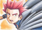  1boy blue_jacket cape clenched_hand commentary_request grey_cape grey_eyes highres jacket lance_(pokemon) long_sleeves looking_up male_focus oka_mochi open_mouth orange_background pink_hair pokemon pokemon_(game) pokemon_hgss short_hair solo spiky_hair tongue traditional_media turtleneck turtleneck_jacket upper_body upper_teeth 