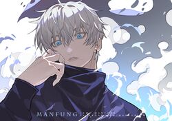  1boy artist_name bangs black_jacket blue_eyes ear_piercing facebook_username gojou_satoru high_collar jacket jujutsu_kaisen looking_at_viewer male_focus manfung parted_lips piercing short_hair solo upper_body white_hair 