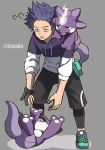  1boy black_shorts boku_no_hero_academia commentary_request crossover flying_sweatdrops gloves green_bag grey_background grey_footwear highres hood hoodie leggings looking_down lower_teeth male_focus on_shoulder open_mouth partially_fingerless_gloves pokemon pokemon_(creature) pokemon_on_shoulder shinsou_hitoshi shoes shorts single_glove spiky_hair tonbanlove tongue toxel 