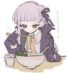  1girl :o bangs black_ribbon blunt_bangs blush braid chopsticks collared_shirt danganronpa:_trigger_happy_havoc danganronpa_(series) eyebrows_visible_through_hair food glass gloves hair_ribbon holding holding_chopsticks jacket kirigiri_kyouko long_hair long_sleeves manaita_no_sake necktie open_clothes open_jacket orange_neckwear purple_hair ramen ribbon shirt side_braid solo translation_request upper_body violet_eyes 