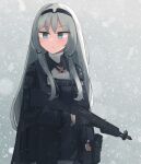  1girl an-94 an-94_(girls&#039;_frontline) aqua_eyes assault_rifle black_gloves closed_mouth eyebrows_visible_through_hair feet_out_of_frame girls_frontline gloves gun hair_ornament hairband hairclip highres hinami047 holding holding_weapon long_hair looking_at_viewer platinum_blonde_hair rifle snowflake_background snowflakes solo standing uniform weapon 