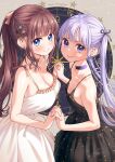  2girls bangs black_dress blue_eyes blunt_bangs breasts brown_hair choker dress earrings eyebrows_visible_through_hair hair_ornament hair_ribbon highres holding_hands interlocked_fingers jewelry large_breasts long_hair looking_at_viewer mole mole_on_breast multiple_girls new_game! ponytail purple_choker purple_hair purple_ribbon ribbon sidelocks small_breasts smile spaghetti_strap star_(symbol) star_earrings star_hair_ornament star_print suzukaze_aoba takimoto_hifumi tokunou_shoutarou tongue tongue_out twintails violet_eyes white_dress yellow_choker yellow_ribbon 