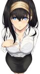  absurdres arisugawa_ya black_bra black_hair blue_eyes bra breasts button_gap hair_between_eyes hairband hand_on_own_chest highres idolmaster idolmaster_cinderella_girls large_breasts looking_at_viewer office_lady pencil_skirt sagisawa_fumika see-through shirt skirt underwear 