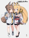  2girls :d animal_ear_fluff animal_ears bangs bell bike_shorts black_footwear black_kimono black_shorts blonde_hair blue_eyes blush brown_eyes brown_hair closed_mouth commentary commission drawstring eyebrows_visible_through_hair fox_ears fox_girl fox_shadow_puppet fox_tail grey_background hair_bell hair_ornament highres hood hood_down hoodie japanese_clothes jingle_bell kimono kuro_kosyou long_hair low_twintails multiple_girls off_shoulder open_mouth original ponytail shirt shoes short_eyebrows short_shorts shorts sidelocks simple_background skeb_commission smile tail thick_eyebrows translation_request twintails very_long_hair white_footwear white_hoodie white_kimono white_shirt zouri 