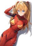  1girl absurdres bangs beten blue_eyes blush bodysuit breasts brown_hair closed_mouth cowboy_shot dutch_angle hair_between_eyes hair_ornament hand_in_hair highres huge_filesize neon_genesis_evangelion plugsuit red_bodysuit shadow solo souryuu_asuka_langley thigh_gap tight two_side_up v-shaped_eyebrows 