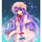  1girl bad_id bespectacled bow crescent crescent_moon glasses hair_bow hat long_hair patchouli_knowledge purple_eyes purple_hair solo touhou unabara_misumi very_long_hair violet_eyes 
