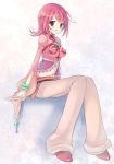  annie_barrs annie_barrs_(cosplay) bad_id bellbottoms bracelet brown_eyes cheria_barnes cosplay ebi_shamo jewelry midriff navel pink_hair sitting solo tales_of_(series) tales_of_graces tales_of_rebirth white_background 