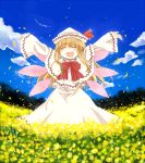  :d \o/ arms_up bad_id blush bowtie capelet closed_eyes cloud clouds dress fairy flower flower_field happy hat hat_ribbon lily_white open_mouth outstretched_arms petals ribbon sky smile solo touhou tsuguha white_dress wings 