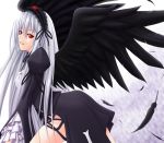  black_wings dress feathers flower frilled_dress frills frilly_dress hairband lolita_fashion long_hair red_eyes rose rozen_maiden shuugetsu_karasu silver_hair solo suigintou wings 