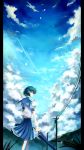  blue blue_hair cloud clouds condensation_trail highres mizuno_ami nako nako_(nonrain) petals power_lines school_uniform serafuku sky umbrella 