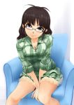  alternate_hairstyle antenna_hair between_thighs breast_squeeze breasts brown_eyes brown_hair cleavage glasses idolmaster large_breasts long_hair mamezou no_pants plaid_shirt shirt sleeves_rolled_up v_arms 