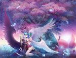  aion angel_wings arm_support asmodian blue_eyes blue_hair elyos feathers highres kneeling reflection submerged tamachan_(pixiv) tree water wings 