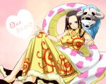  black_hair boa_hancock breasts china_dress chinese_clothes earrings heart high_heels jewelry kawazakana large_breasts long_hair one_piece salome_(one_piece) shoes smile snake 