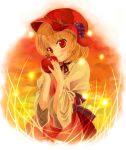  apple bad_id blonde_hair blush choker face food fruit grape grapes hands hat holding holding_fruit red_eyes short_hair smile solo sunset touhou tsuguha 