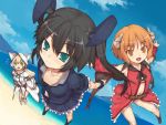  3girls animal_ears black_hair blonde_hair blush cape detached_sleeves flying green_eyes happy horns long_hair multiple_girls ocean orange_eyes orange_hair sajipen seirei_tenshou short_hair sky smile twintails 