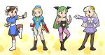  bun_cover cammy_white capcom capcom_fighting_evolution china_dress chinese_clothes chun-li crossover doraemon double_bun fujiko_f_fujio_(style) garrison_cap hat head_wings headwings ingrid morrigan_aensland pantyhose parody street_fighter style_parody ueyama_michirou vampire_(game) wings 