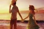  1girl bad_id beach couple darker_than_black dress hand_holding hat hei holding_hands long_hair sirius0512 sun_hat sundress sunset yin 