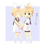  angry blonde_hair blue_eyes blush child dress hair_ornament hairclip hairpin hand_holding headphones holding_hands kagamine_len kagamine_rin microphone non non_(hey_you!) ponytail ribbon short_hair shorts siblings twins vocaloid young 
