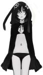  bikini black_hair cape darth_wooser hands_in_pockets hood hoodie nishieda original simple_background solo swimsuit 