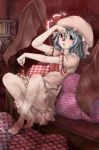  barefoot bat_wings blue_hair cherry cushion fang food fruit hat highres holding holding_fruit looking_at_viewer panties pantyshot pantyshot_sitting red_eyes regura remilia_scarlet short_hair sitting solo touhou underwear unmoving_pattern wings 