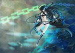  black_hair black_rock_shooter black_rock_shooter_(character) boots chain chains glowing glowing_eyes highres long_hair midriff navel shorts solo 