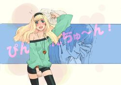  blonde_hair blue_eyes blush embarrassed hairband macross macross_frontier masato_(pixiv) pillow saotome_alto sheryl_nome shorts thigh-highs thighhighs translation_request 