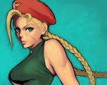  beret blonde_hair braid breasts cammy_white capcom green_eyes hat lips long_hair ogami portrait scar simple_background solo street_fighter twin_braids 