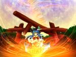  blue_hair bow food fruit hat hinanawi_tenshi long_hair peach red_eyes ruins solo torii tornado touhou tree wallpaper 