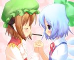  animal_ears bad_id blue_eyes blue_hair bow brown_hair cat_ears chen cirno hair_bow hat mouth_hold multiple_girls pila-pela pocky pocky_kiss shared_food short_hair touhou wings 