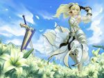  armored_dress armpits avalon_(fate/stay_night) blonde_hair cloud clouds dress excalibur fate/stay_night fate/unlimited_codes fate_(series) faulds field flower green_eyes hair_ribbon petals ponytail ribbon saber saber_lily sayou sheath sky smile solo sword weapon wind 