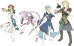  3boys asbel_lhant black_eyes blue_hair boots brown_hair gauntlets glasses gloves hubert_ozwell malik_caesars multiple_boys purple_hair sophie_(tales_of_graces) sword tales_of_(series) tales_of_graces twintails weapon white_background zenmai 