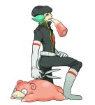  boots gloves green_eyes green_hair hat lance_(pokemon) nintendo pokemon scissors slowpoke team_rocket 