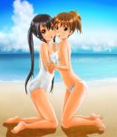  absurdres barefoot beach bikini black_hair breast_press breasts brown_eyes brown_hair flat_chest hand_holding highres hinoki_(studio_spiral_dust) hirasawa_ui holding_hands k-on! long_hair multiple_girls nakano_azusa one-piece_swimsuit ponytail short_hair swimsuit symmetrical_docking twintails 