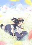  back_to_back black_hair blue_eyes brown_eyes flower green_eyes hair_flower hair_ornament head_wreath highres kaisen_donburi long_hair petals saten_ruiko school_uniform serafuku short_hair to_aru_kagaku_no_railgun to_aru_majutsu_no_index uiharu_kazari 