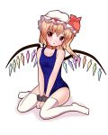  collar flandre_scarlet hat inanosuke one-piece_swimsuit ponytail red_eyes short_hair side_ponytail sitting solo swimsuit thigh-highs thighhighs touhou wariza wings 