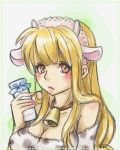  arc_the_lad arc_the_lad_ii bell blonde_hair blush bottle collar cow_bell cow_horns cow_print female horns lieza long_hair nama-hamu pink_eyes solo 