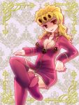  ara bad_id blonde_hair bottomless breasts cleavage cleavage_cutout crossed_legs curled_hair cyclone_hair genderswap giorno_giovanna jojo_no_kimyou_na_bouken legs_crossed sitting solo thigh-highs thighhighs 