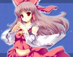  bow brown_hair detached_sleeves hair_bow hakurei_reimu hands long_hair looking_at_viewer midriff pikazo solo steepled_fingers touhou 