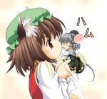  angry animal_ears biting blush brown_hair cat_ears cheese chen grey_hair hat jewelry licking minigirl mouse_ears mouse_tail nazrin pendant profile red_eyes seminoyu short_hair socks tail tongue touhou 