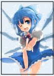  ;d blue_eyes blue_hair bow cirno fingernails frame hair_bow hands highres index_finger_raised open_mouth pointing pointing_at_viewer short_hair skirt_tug smile solo toichi touhou wings wink 