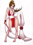  bare_shoulders breasts brown_hair cleavage collarbone fan fatal_fury fingerless_gloves gloves hair_ribbon highres japanese_clothes king_of_fighters large_breasts lips ogami ponytail red_eyes ribbon shiranui_mai side_slit simple_background snk solo wide_hips 