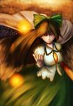  bow breasts cape fire glowing glowing_eyes hair_bow highres large_breasts long_hair red_eyes reiuji_utsuho solo sun torusu touhou wings 