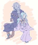   blue_hair braid brother_and_sister chrono_trigger dress closed_eyes female grey_hair imoyama long_hair magus male orange_ribbon ribbon schala_zeal siblings single_braid sitting  