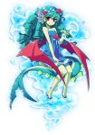  blue_hair dress drill_hair feet_in_water green_skin high_heels kyousaku leviathan_(mygrimoire) monster_girl mygrimoire original red_eyes shoes smile soaking_feet solo tail water wings 